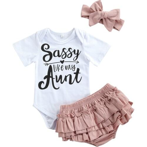 FOCUSNORM Newborn Baby Girls Boys Clothes Sets 3pcs Letter Short Sleeve Romper Ruffles Shorts Headband 0-18M
