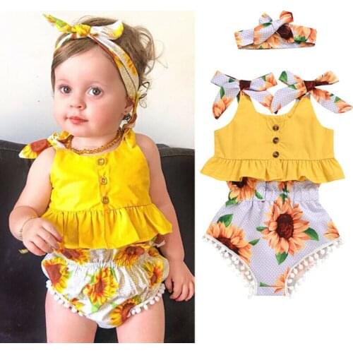 3PCS 2020 Summer Toddler Kids Baby Girls Ruffle Crop Tops Sunflower Shorts Headband Outfit Set