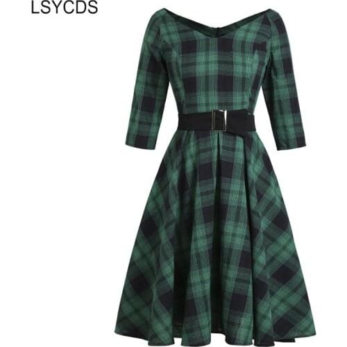 LSYCDS Vintage Robe V Neck Dress 2020 Fall High Waist Dress 3/4 Length Sleeve Women Midi Green Plaid Elegant 1950s Retro Dresses