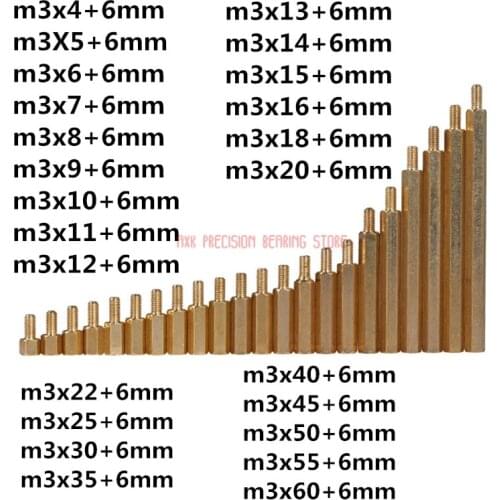 M3 Male 6mm x M3 Female 4-60 mm Brass Standoff Spacer M3 (4-60)+6 Copper Hexagonal Stud Spacer Hollow Pillars m3*(4-60)+6mm