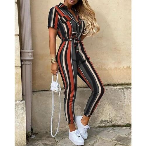 Fashion Sexy Jumpsuit Womens 2021 Summer Hot Style Short-sleeved Casual Lapel Printed Belt Tooling Trousers