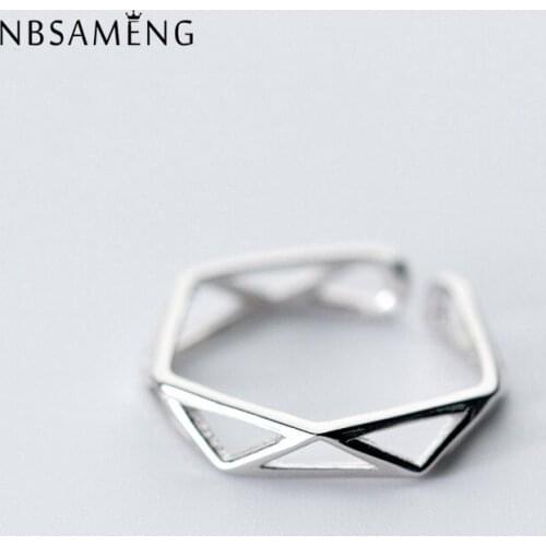 NBSAMENG 100% 925 Sterling Silver Geometry Hollow Triangle Open Adjustable Rings For Women Lady Gift Jewelry Prevent Allergy