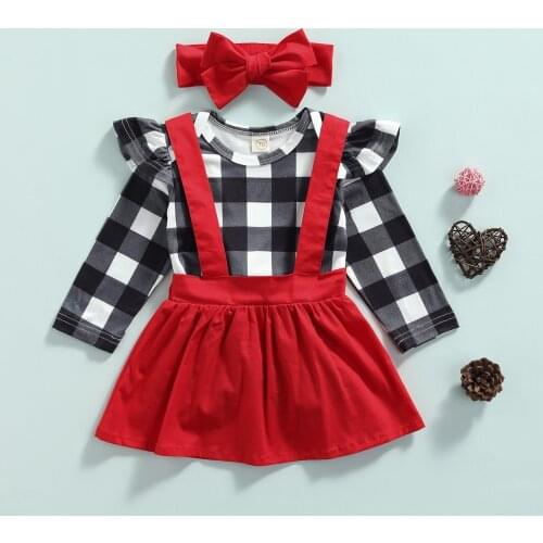 Newborn Baby Girls Christmas Clothes Outfits Plaid Printed Long Sleeve Romper Top Suspender Skirt Headband Clothing Set