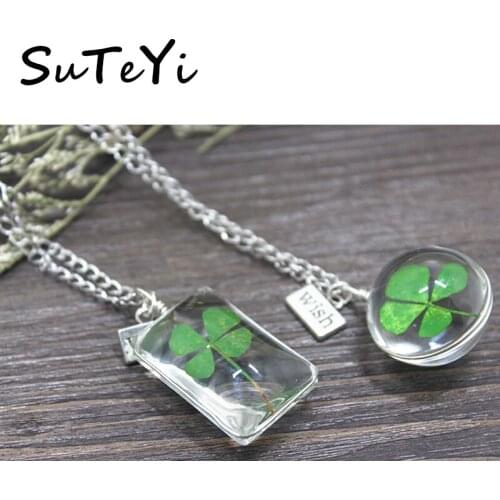 SUTEYI Lucky Clover Glass Necklace Dried Flowers Natural Wish Ball Pendant Crystal Necklaces For Women Choker Female Jewelry