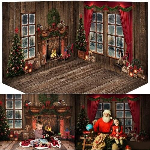 Rustic Christmas Photography Background Fireplace Window Toys Family Party Backdrop Winter Adult Kids Birthday Portrait Studio