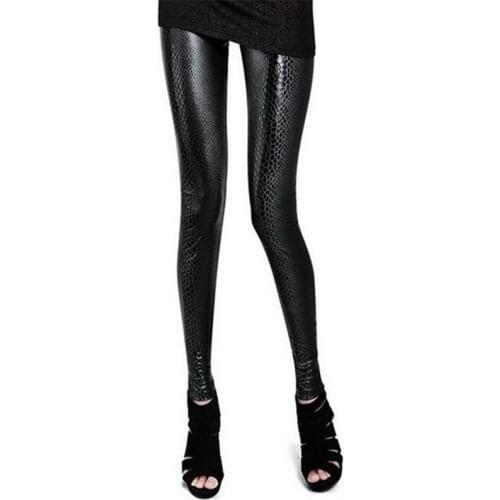 VIIANLES Black Snake Leggings Lady High Waist Skinny Trousers Women Elastic Faux Leather Pants