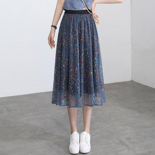 Floral Pleated Skirts for Women Summer 2021 New Elastic High Waist Loose Big Swing Vintage Elegant Mid-long Woman Skirt 2165