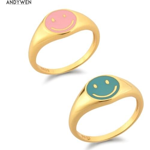ANDYWEN Summer 925 Sterling Silver Smiley Face Enamel Turquoise Ring Women Luxury Party Happy Face Wedding Thick Fine Jewelry