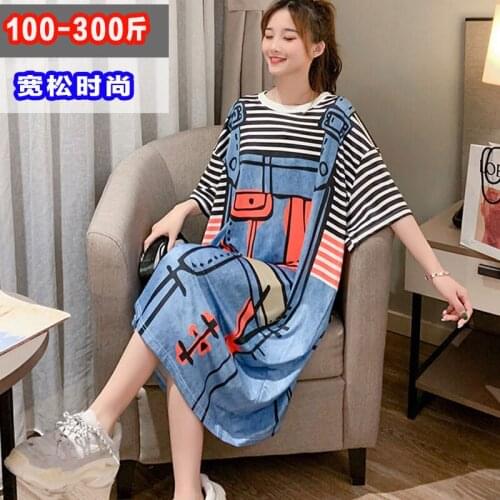 Extra Large Size Womens Summer Loose T-shirt Dress Fake Two Pieces 6XL Dress Fashion Cartoon Printed Casual Female Vestido K569