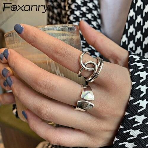 Foxanry Vintage Punk 925 Sterling Silver Width Rings for Women Fashion Simple Multilayer Geometric Birthday Party Jewelry Gifts