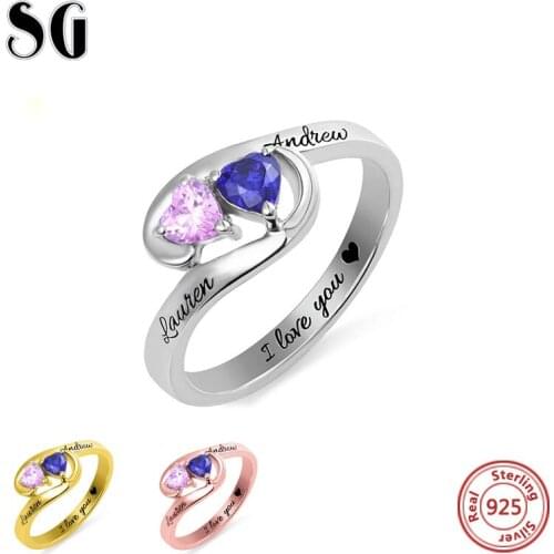 100% 925 Sterling Silver Custom Engraved Name Finger Rings Double Birthstone Stacking Rings for Women Personalized Jewelry