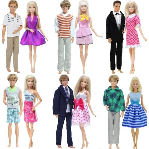 2 Pcs /Set Couple Doll Dress Mix Style T-Shirt Trousers Blouse Skirt Daily Wear Accessories Clothes for Barbie Doll for Ken Doll