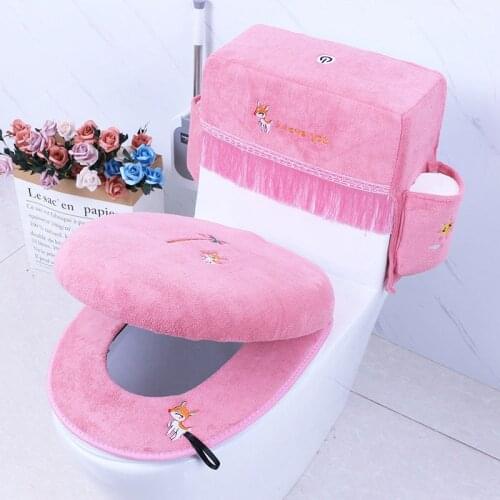 3 Pcs/Set Embroidery Toilet Seat Cover Soft Velvet Toilet Mat Overcoat Toilet Case Water Tank Dustproof Cover Toilet Ring Pad