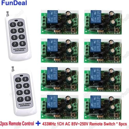8pcs 433Mhz Universal Wireless Remote Control Switch AC 85V ~ 250V 1CH Relay Receiver Module and 2pcs RF 433 Mhz Remote Controls