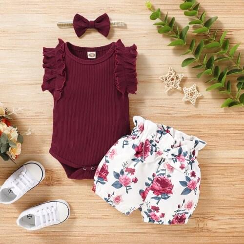 Newborn Baby Girl Jumpsuit Summer Baby Girl Flower Print Girls Baby Bosysuit Set Clothing + Short ,Baby Girls Outfit + Hair Band