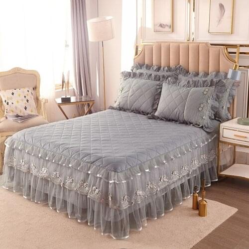Lace Embroidery Dust Ruffles Girls Bed Skirt Pillowcases Super Soft 100%Cotton Quilted Princess Bedspread Set Bedding