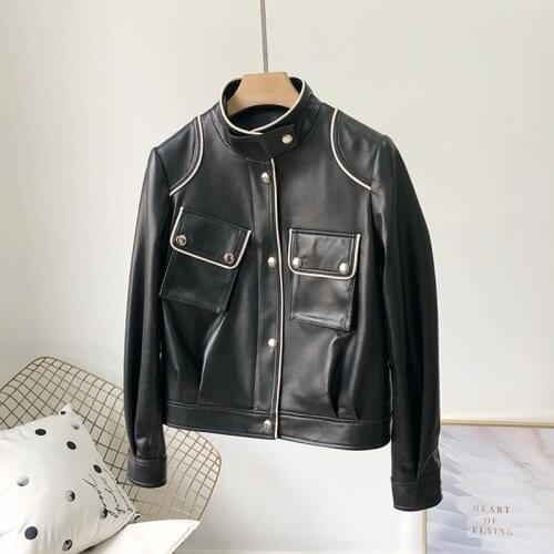 High women quality coat spring and autumn 2021 new fashion genuine leather jacket large pockets short clothes ladies outerwear