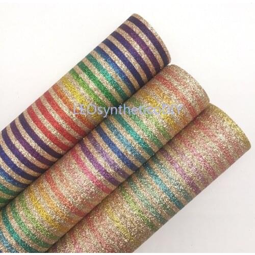 LEOsyntheticoDIY Rainbow Gold Stripes Synthetic Faux Vinyl Glitter Leather Sheets with Felt Backing For Making Bows 6S55D