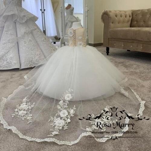 Lovely Ball Gown Girls Pageant Dresses 2021 3D Floral Crystals Beaded Infant First Communion Birthday Prom Party Gowns