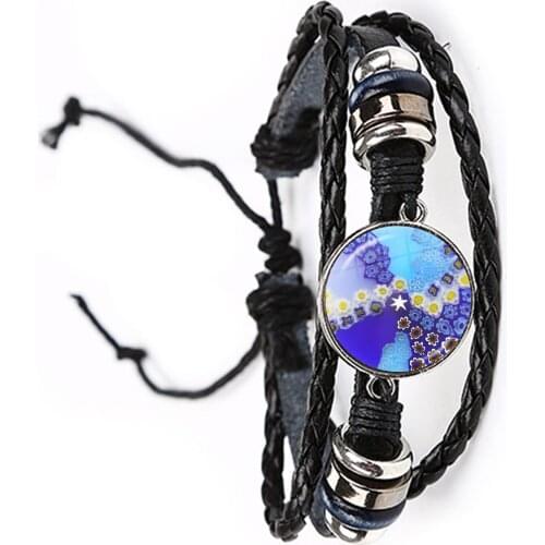 Murano Millefiori Leather Bracelet MultiColour Flower 20mm Glass Cabochon Adjustable Bangle For Women Men Gift Wholesale