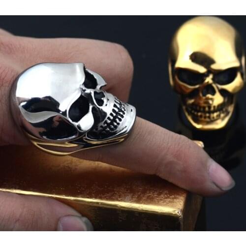 Valily Vintage Mens Stainless Steel Skull Rings Silver-Color Gothic Skull Bone Biker Ring Big Motorcycle Ring for Man Size 7-15
