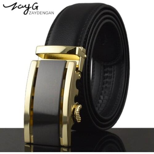 ZAYG Men Gold Automatic Buckle Genuine Leather Belt Mens Business Style High Quality Black Casual Simple Belt Jeans Belt