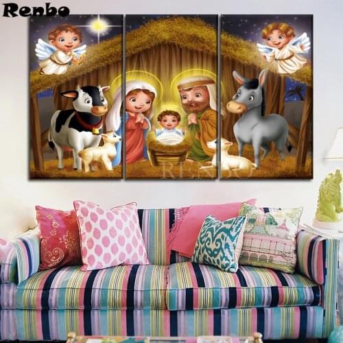 Full Square Drill 5D DIY Diamond Painting Cartoon Jesus Nativity Diamond Embroidery Picture Of Rhinestone Decoration Home 3 pcs