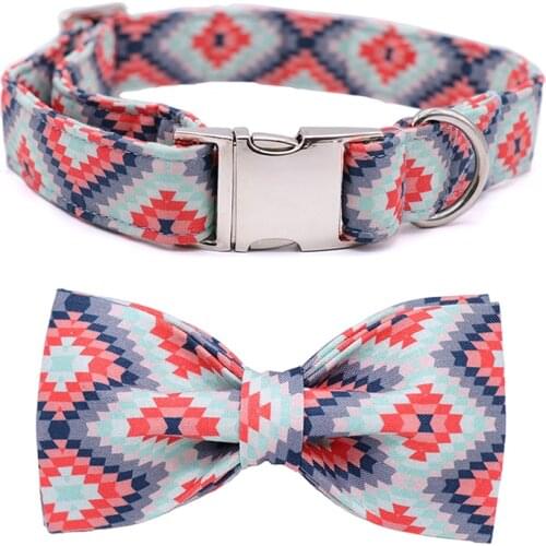 Dog Or Cat Collar And Leash Set With Bow Tie Cotton Dog &Cat Pet Necklace Adjustable Buckle For Pet Christmas Gift Orange plaid