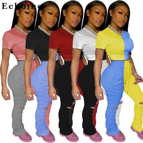 Solid Color Pleated Split Hole Micro Flare Sports Long Pants 2 Piece Set Women Matching Set Stacked Bell Bottom Casual Tracksuit