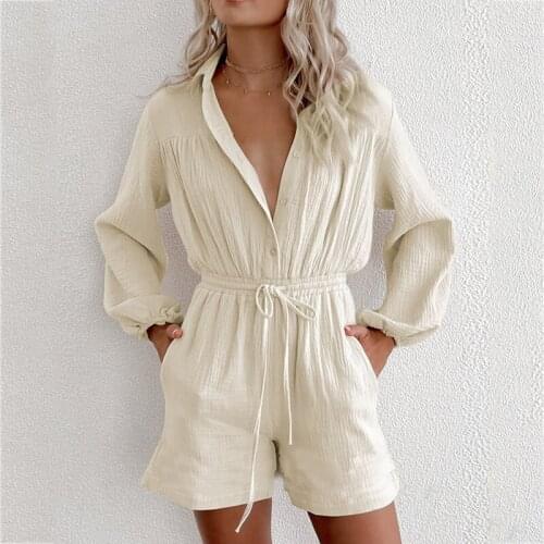 Foridol Long Sleeve Turn Down Collar Wide Leg Autumn Romper Overalls Sash Casual Oversized Playsuit Plus Size Short Jumpsuit