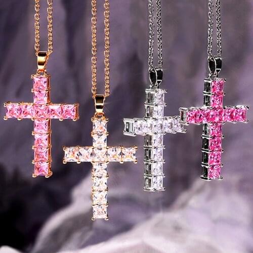Simple Fashion Shiny Cross Necklace Pink Silver Color Crystal Pendant Necklace for Men Women Couple Jewelry Gift Wholesale
