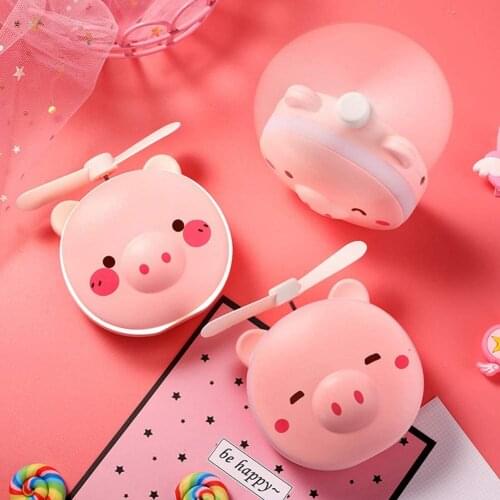 Pink Piggy LED Makeup Mirror Mini Rechargeable Compact Mirror With Small Fan Cartoon Handheld Portable Cosmetic Hand Mirror
