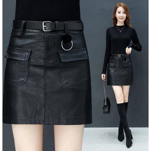 Sexy Women Leather Skirt Woven Ladies Black PU Leather A Line One Piece Bandage Skirt Elegant Tight Pencil Skirt