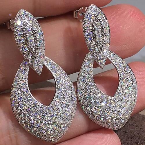 18K White Gold Stud Earrings Women Trendy Oval Hollow Out Moissanite Diamond Present Wedding Anniversary Engagement Party Gift