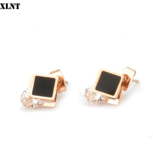 XLNT Luxury Women Black Square Stud Earring With AAA Zircon Ros Color Stud Earrings For Women Fashion Stainless Jewelry