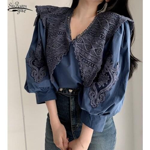 Vintage Embroidery Big Lapel Blouse Women Autumn Hollow Lace Flower Womens Shirt Korean Fashion Lantern Sleeve New Blusas 16125