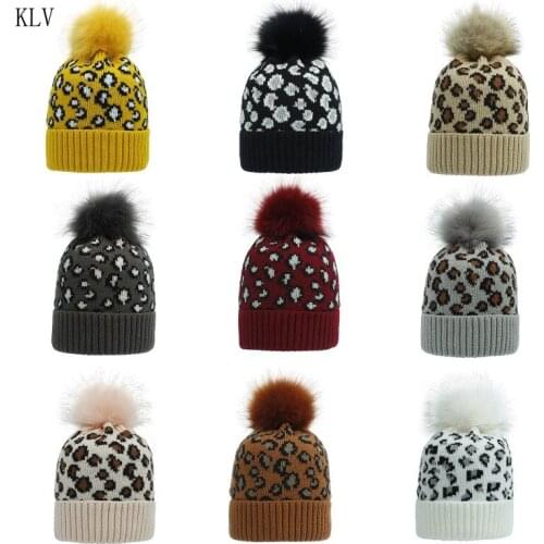 Women Winter Warm Knitted Beanie Hat Vintage Leopard Animal Print Fuffy Pompom Cuffed Skull Cap Head Cover Ear Warmer