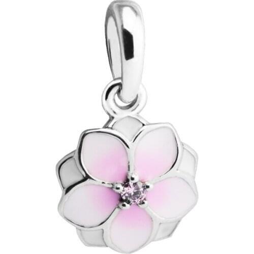Magnolia Bloom Pink Flower Charms for Women Bracelets 925 Sterling Silver Jewelry Pave Stone Crystal Charms for Jewelry Making