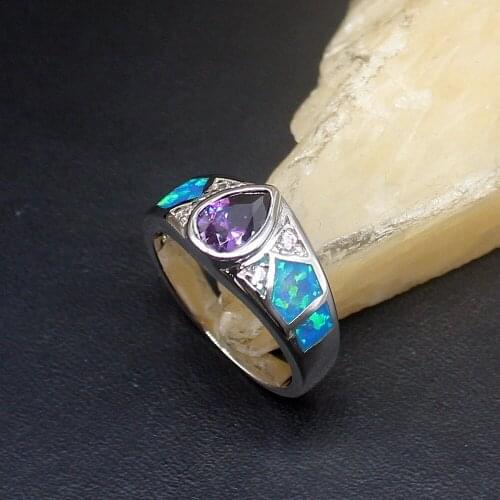 Hermosa Gemstone Blue Opal Purple Amethyst Genuine 925 Silver Band Ring Wedding Engagement Gifts for Women Size 8# 20214316