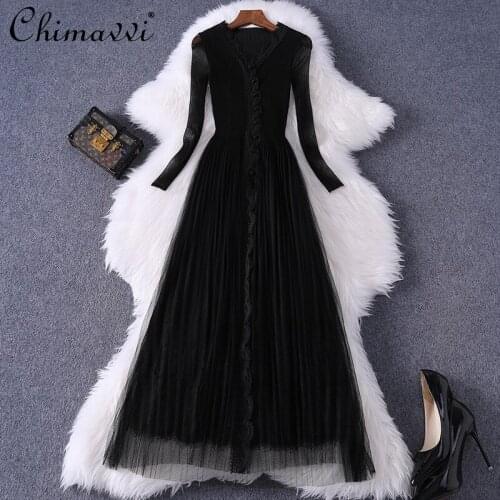 2021 Autumn Women Clothing New Fashion Retro Long Sleeve V-neck Mesh Dresses Feminine High-End Lace Trim Patchwork Pleated Dress
