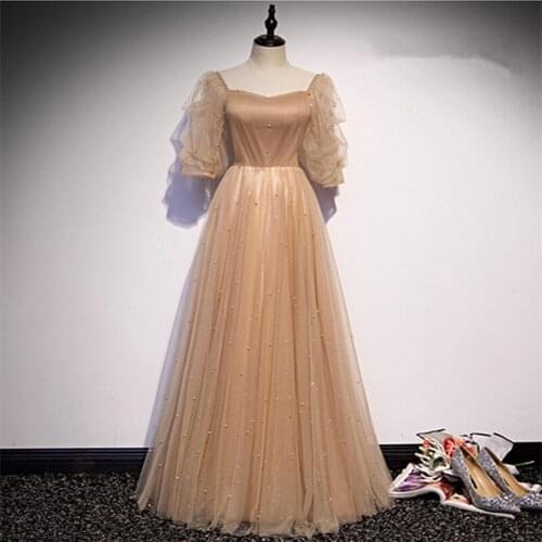 Robe De Soiree A-line Champagne Evening Dresses Long Dress Formal Dress Vestido De Festa Half Sleeve Evening Dress 2021Fashion