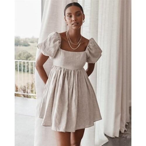 Vintage Ladies Puff Sleeve Dress Cotton Linen Women Summer Dress 2021 Cute Square Collar A-line Pleated Casual Dress Women
