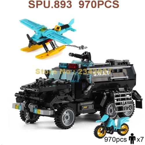 1930 970pcs Urban Police Swat Riot Armoured Vehicle Plane Motorcycle 6 Dolls Building Blocks Toy