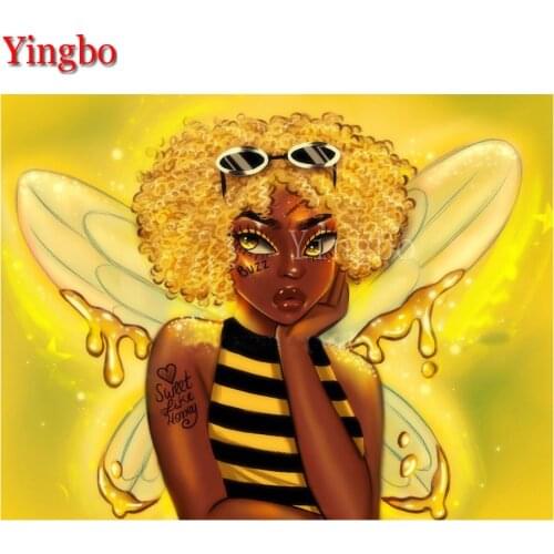 African Girl Bee Fairy Diamond Embroidery Full Round Square Drill 5D DIY Diamond Painting Mosaic Cross Stitch Diamond Set Hobby