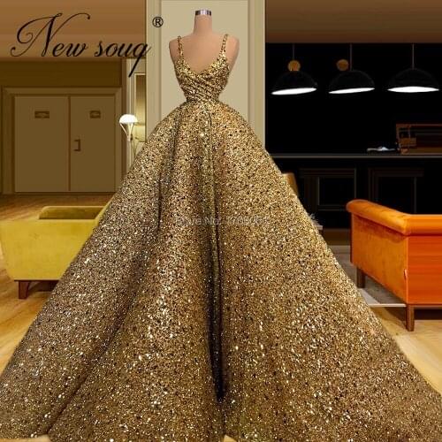 Arabic Kaftan Gold Crystals Evening Dresses Beading Formal Prom Dress Islamic Turkish Dubai Long Party Gowns 2020 Robe De Soiree