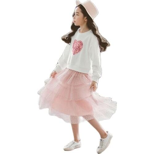 Childrens Girls White Red Sequined Sweater and Pink Black Lace Cupcake Skirt Two Piece Clothing Sets Kids Party Wedding Suits