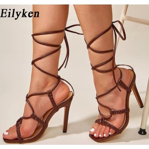 Eilyken 2021 New Summer Fashion Design Narrow Band Weave Women Sandals High heels Ladies Open Toe Shoes size 35-42