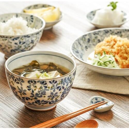 Japanese-style Underglaze Tableware, Small Blue Bud Series, Ceramic Plate, Rice Bowl, Japanese-style Large Bowl, Spoon