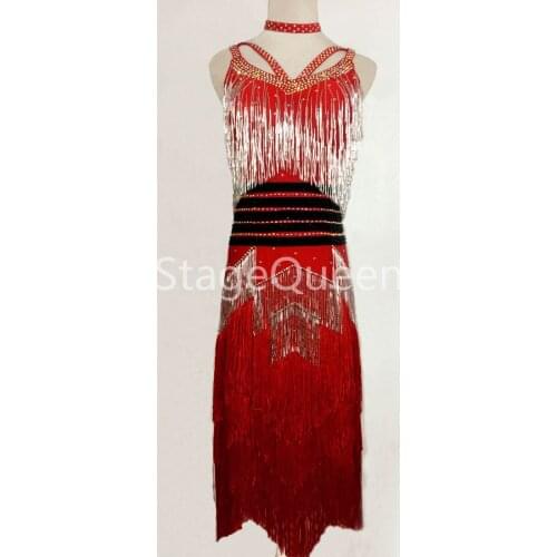 Red Tassels Professional Latin Dance Dress Women Luxury Fringe Rhinestones Dresses For Girls Latin Competition Dance Dress