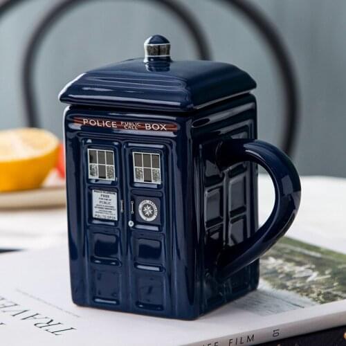 Creative Retro British Police Booth Cup Ceramic Cup Telephone Booth Ceramic Cup with Lid Novelty Mug Coffee Cup